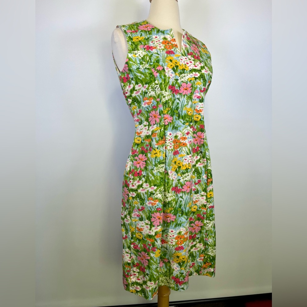 Vintage 60s Shift Mod MCM Floral Dress Green Spring Sleeveless Retro Sundress - Picture 2 of 10